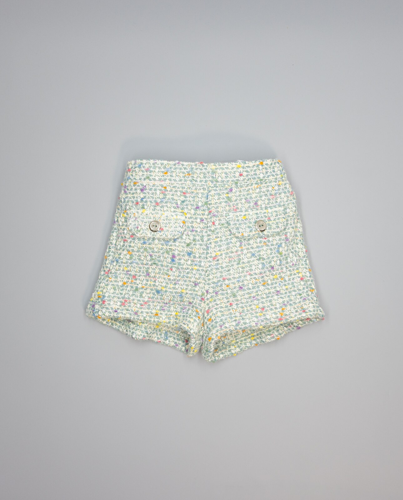 Calções Infantil em Verde de Tweed com Bolsos e Botões Dourados Verde Água-2