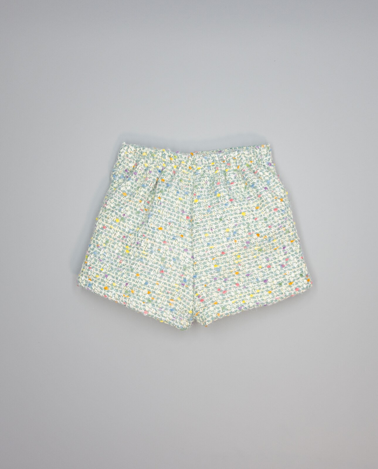 Calções Infantil em Verde de Tweed com Bolsos e Botões Dourados Verde Água-3