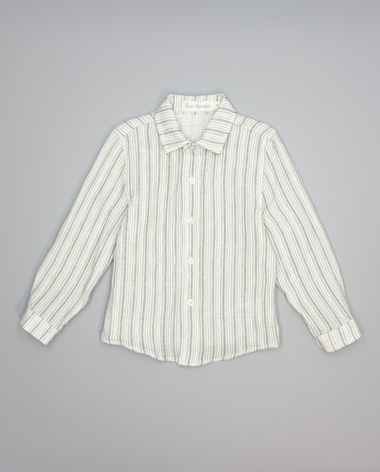 Imagem 0 de Camisa Infantil de Gase de Tecido Duplo Às Riscas em Verde e Taupe com Folga Posterior