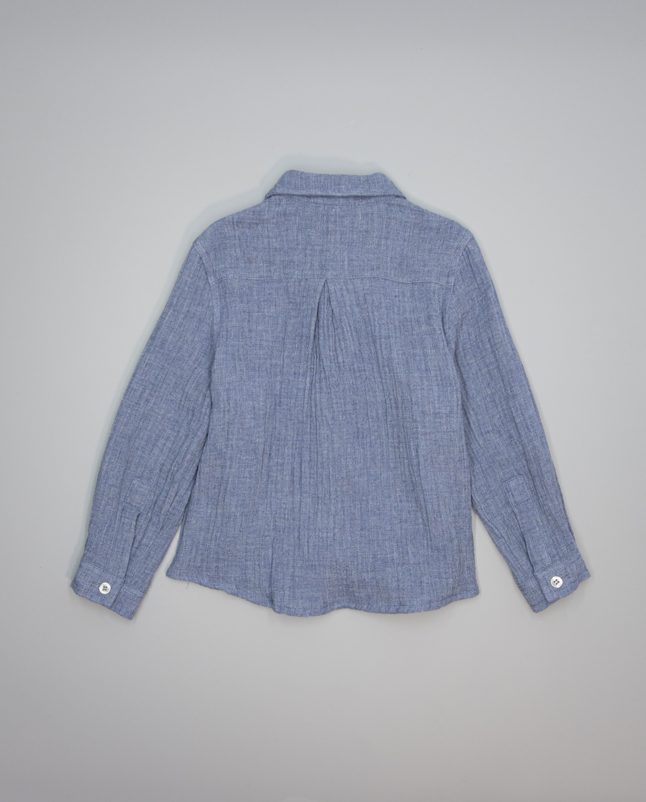 Camisa Azul de Gase de Tecido Duplo com Gola Camiseiro e Fole Posterior Azul-2