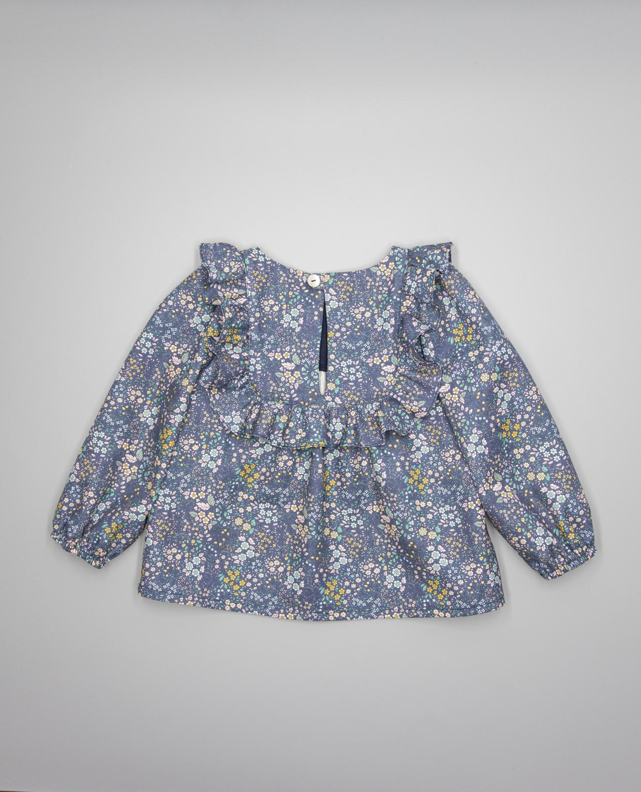 Blusa Infantil em Estampado Floral com Canesú e Folho Marinho-2