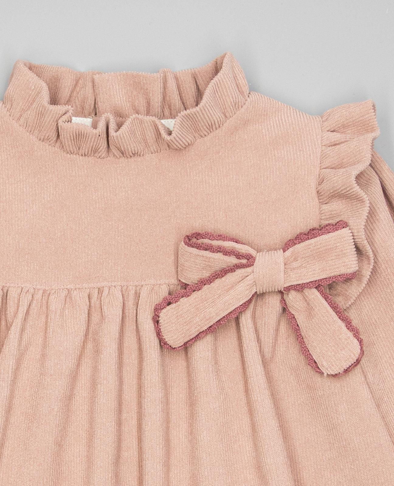 Vestido Infantil de Bombazina Técnica com Folho na Gola e Laçada Rosa-3