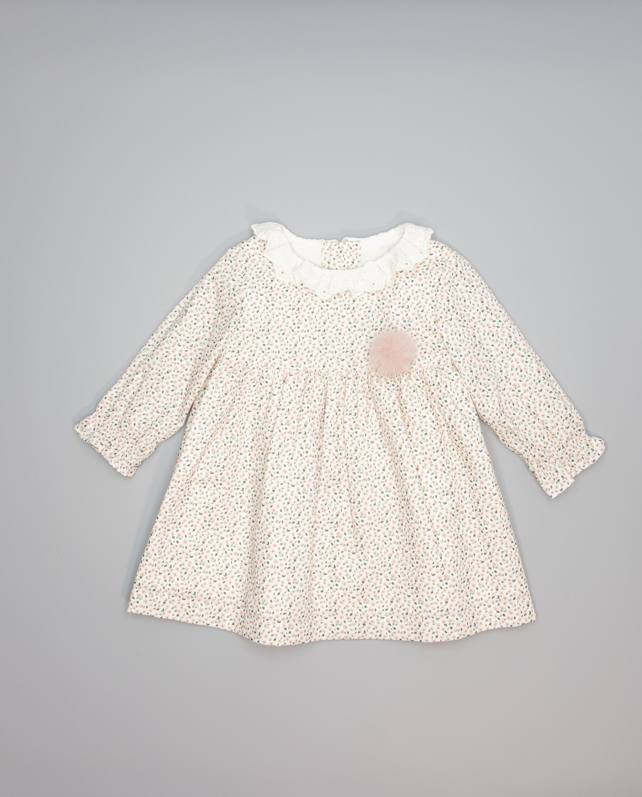 Imagem 0 de Vestido Rosa de Viella Floral com Gola Folho Bordada e Manga Comprida