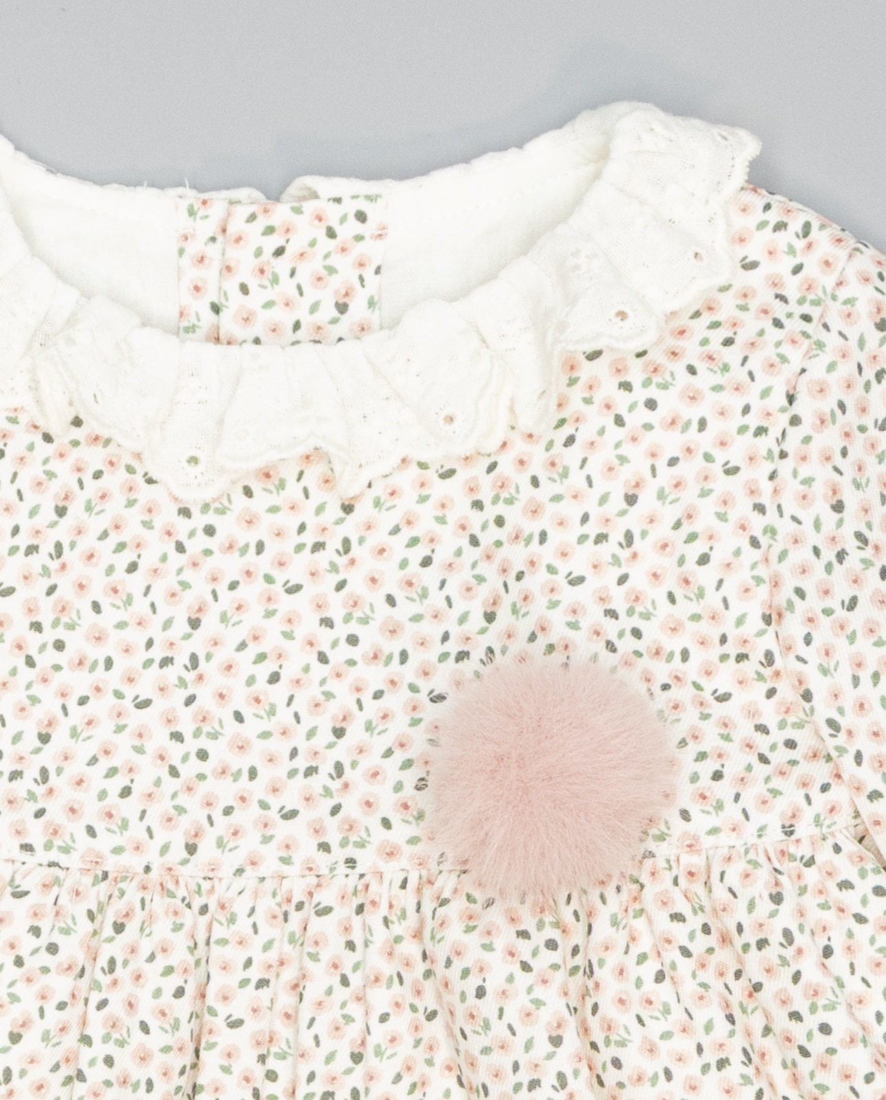 Vestido Rosa de Viella Floral com Gola Folho Bordada e Manga Comprida Rosa-3