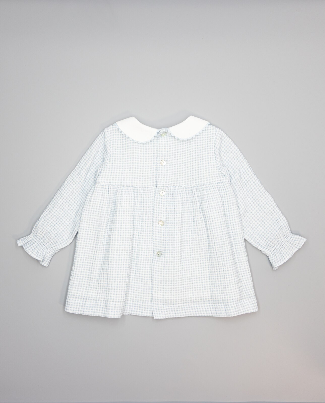 Vestido Azul de Algodão Vichy com Gola Branca e Laço de Veludo Azul-celeste-2