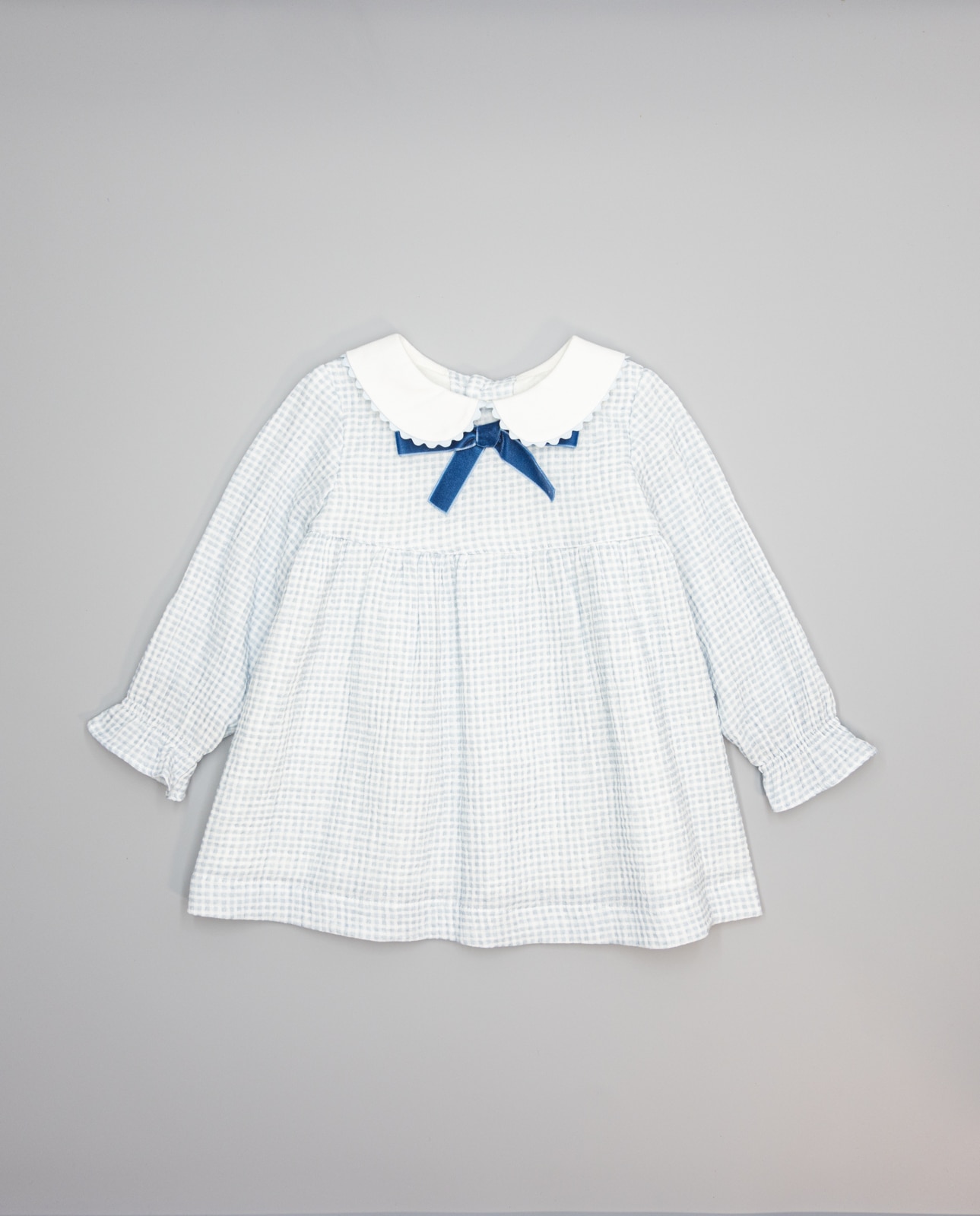 Imagem 0 de Vestido Azul de Algodão Vichy com Gola Branca e Laço de Veludo