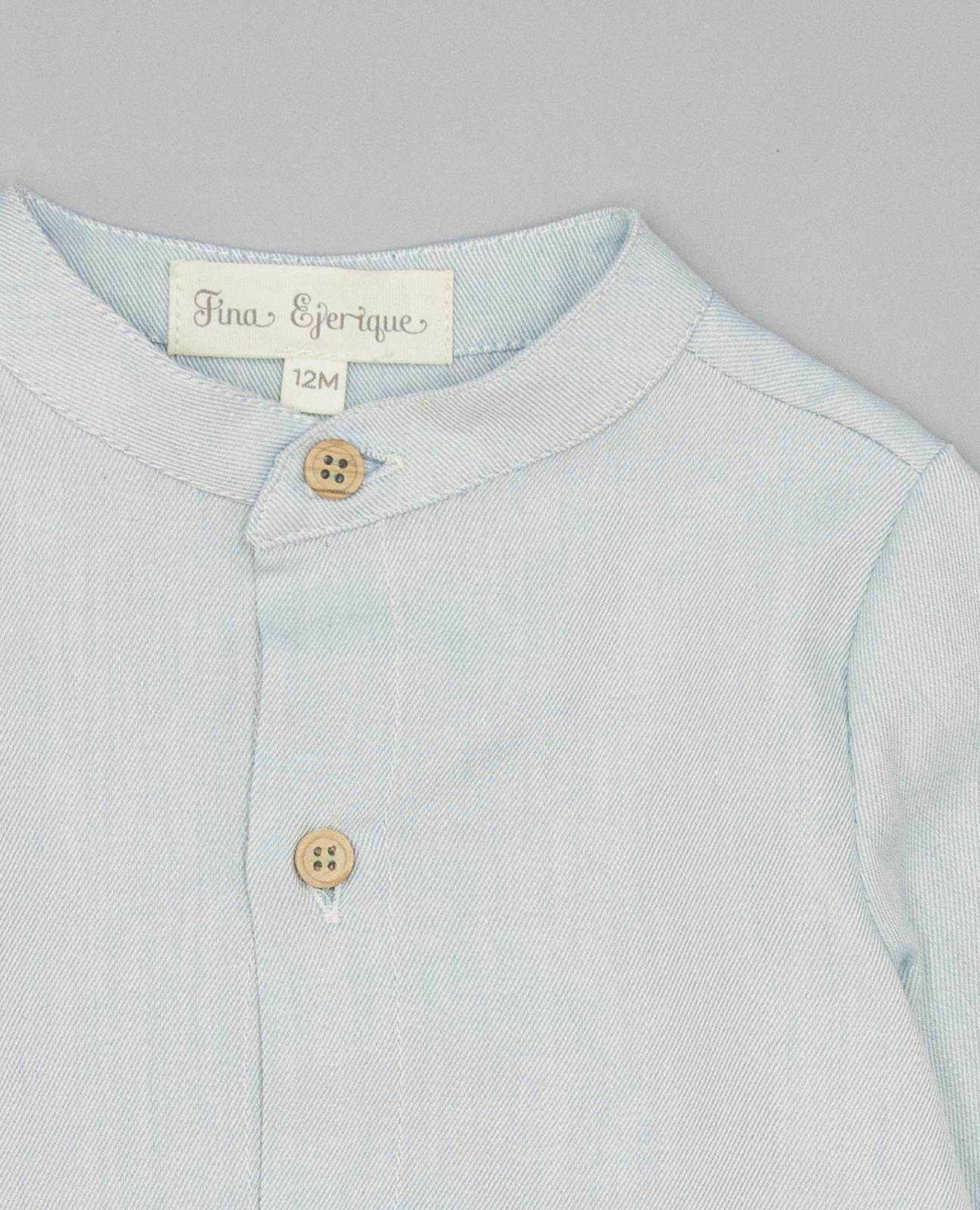 Camisa Verde Jade de Viella com Gola À Padre e Botões de Madeira Azul-3