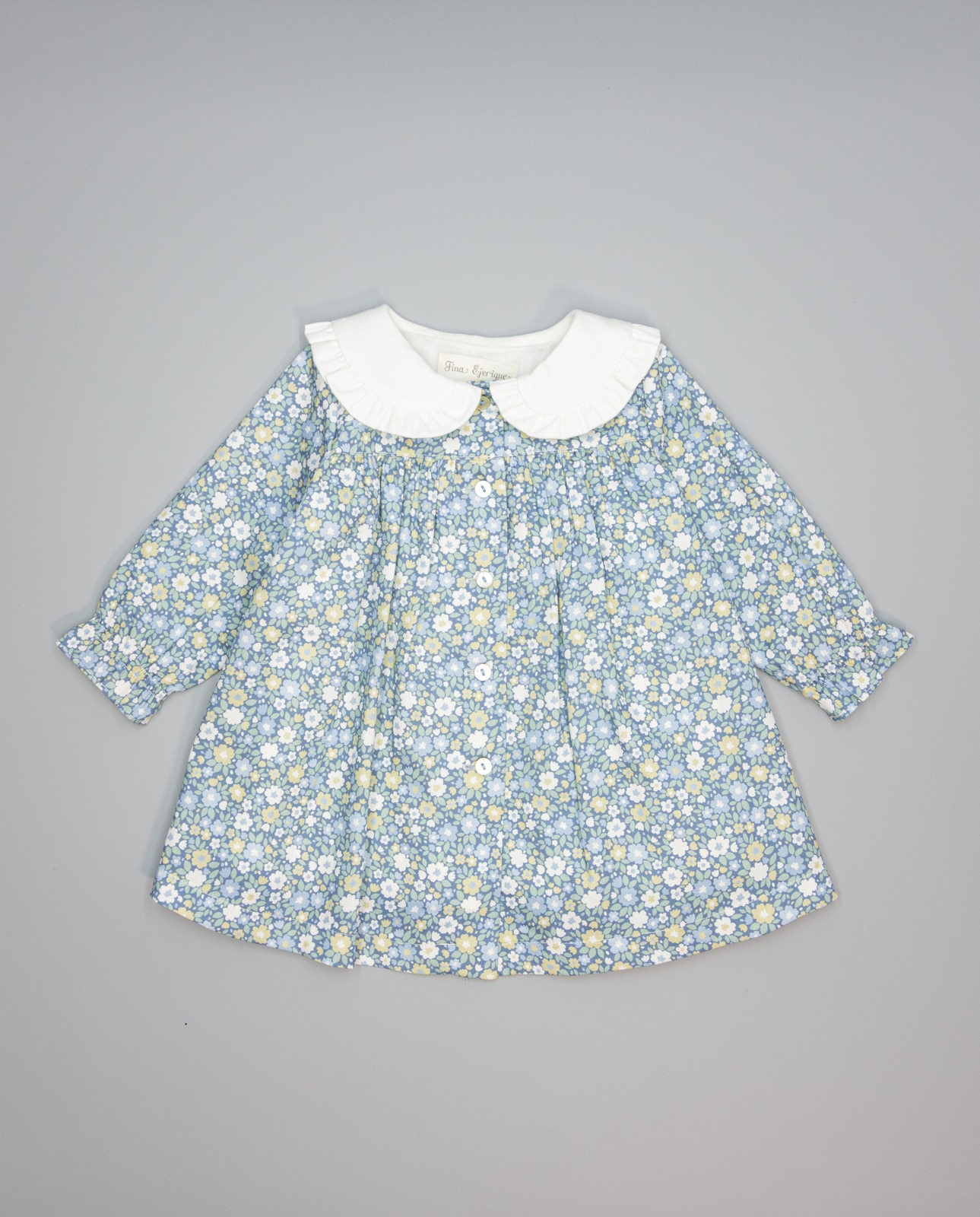 Imagem 0 de Vestido Azul de Viella Floral Abotoado À Frente com Gola Branca e Canesú