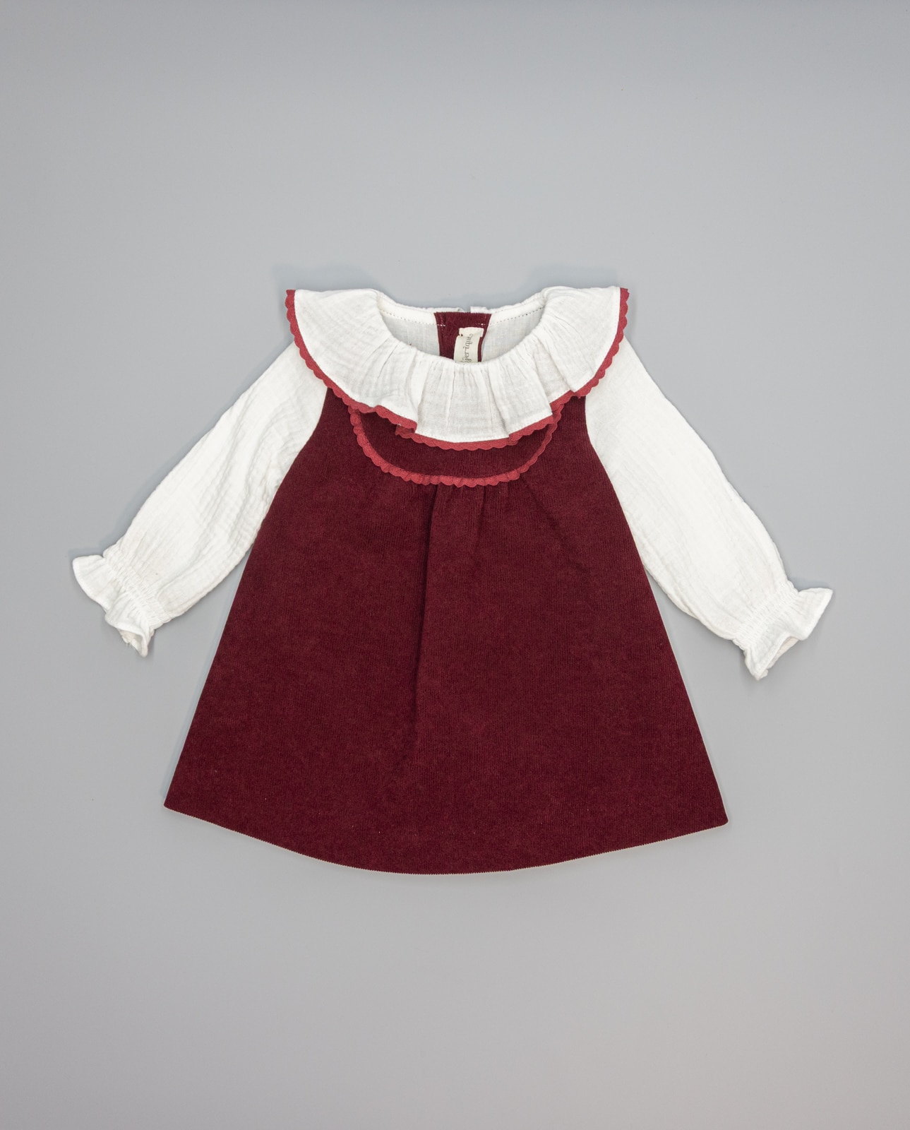 Imagem 0 de Vestido Pichi Bordeaux de Microbombazina, Gola Folho e Peitilho com Renda