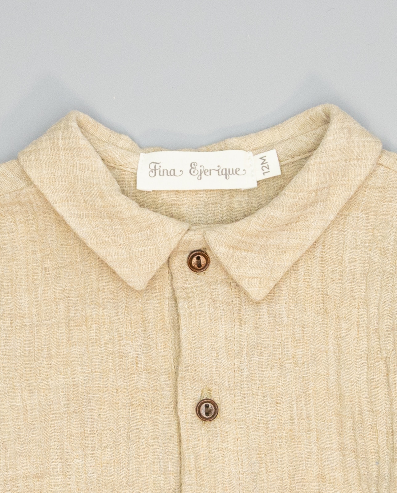 Camisa Infantil Bege de Algodão com Gola e Botões de Madeira Camel-3