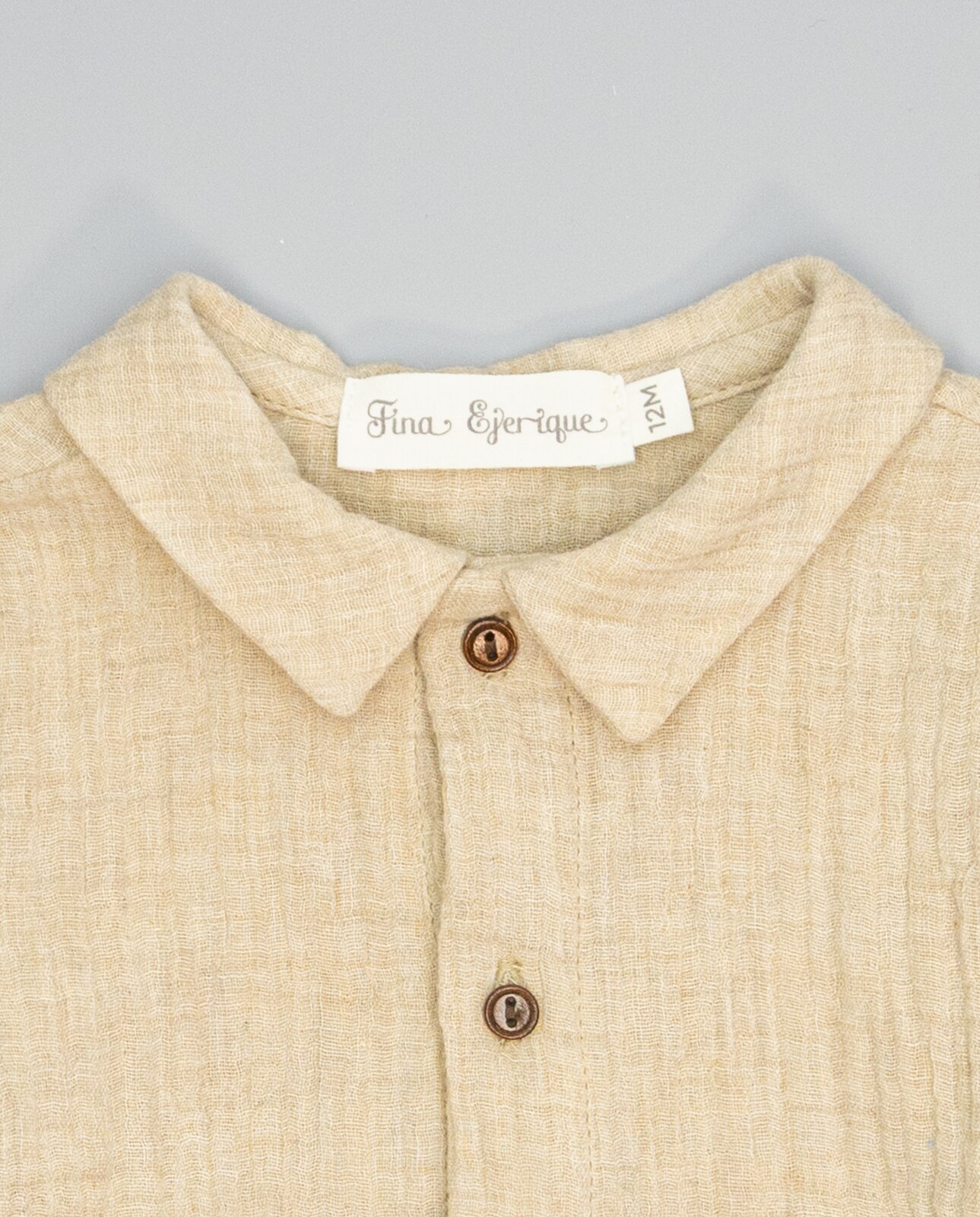 Camisa Infantil Bege de Algodão com Gola e Botões de Madeira Camel-3