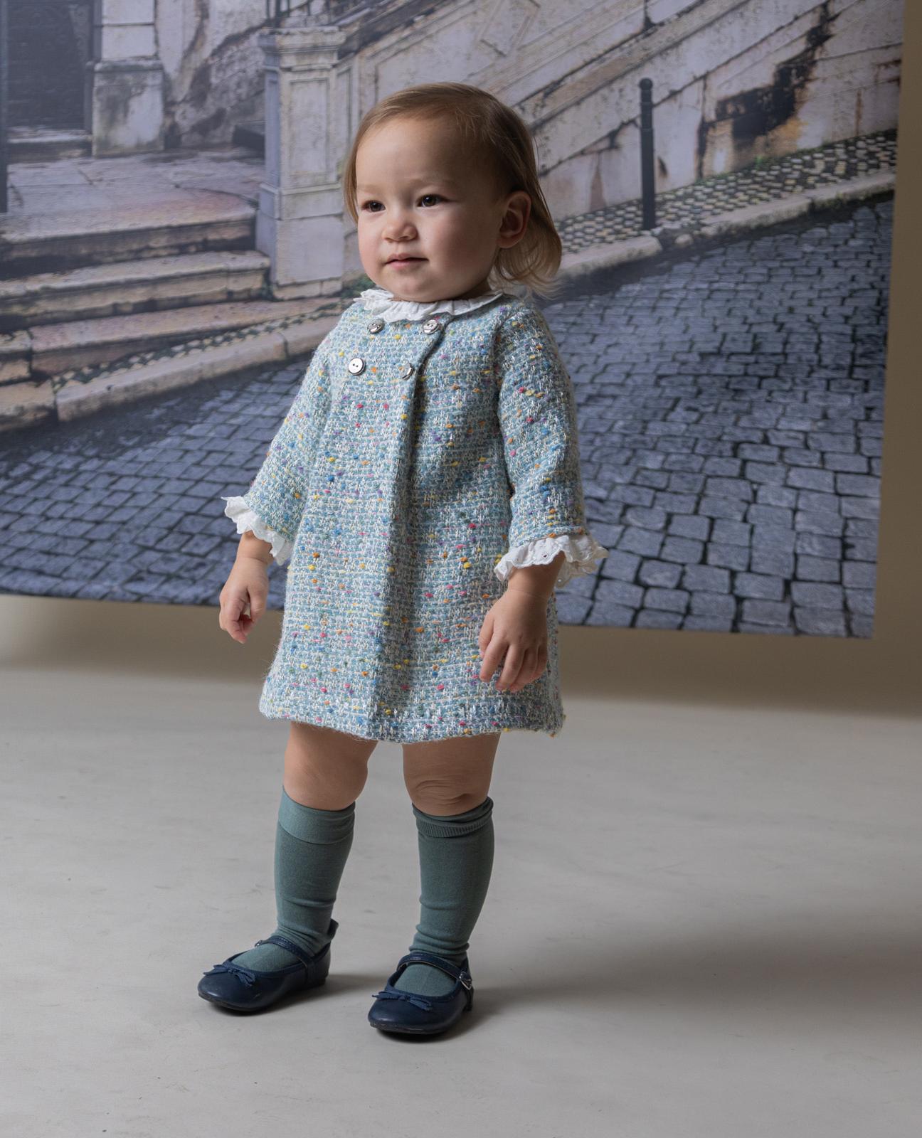 Imagem 0 de Vestido Verde de Tweed, Gola Branca Bordada e Botões de Madrepérola