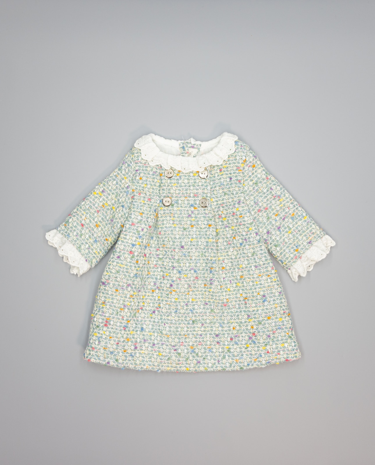Vestido Verde de Tweed, Gola Branca Bordada e Botões de Madrepérola Verde Água-2
