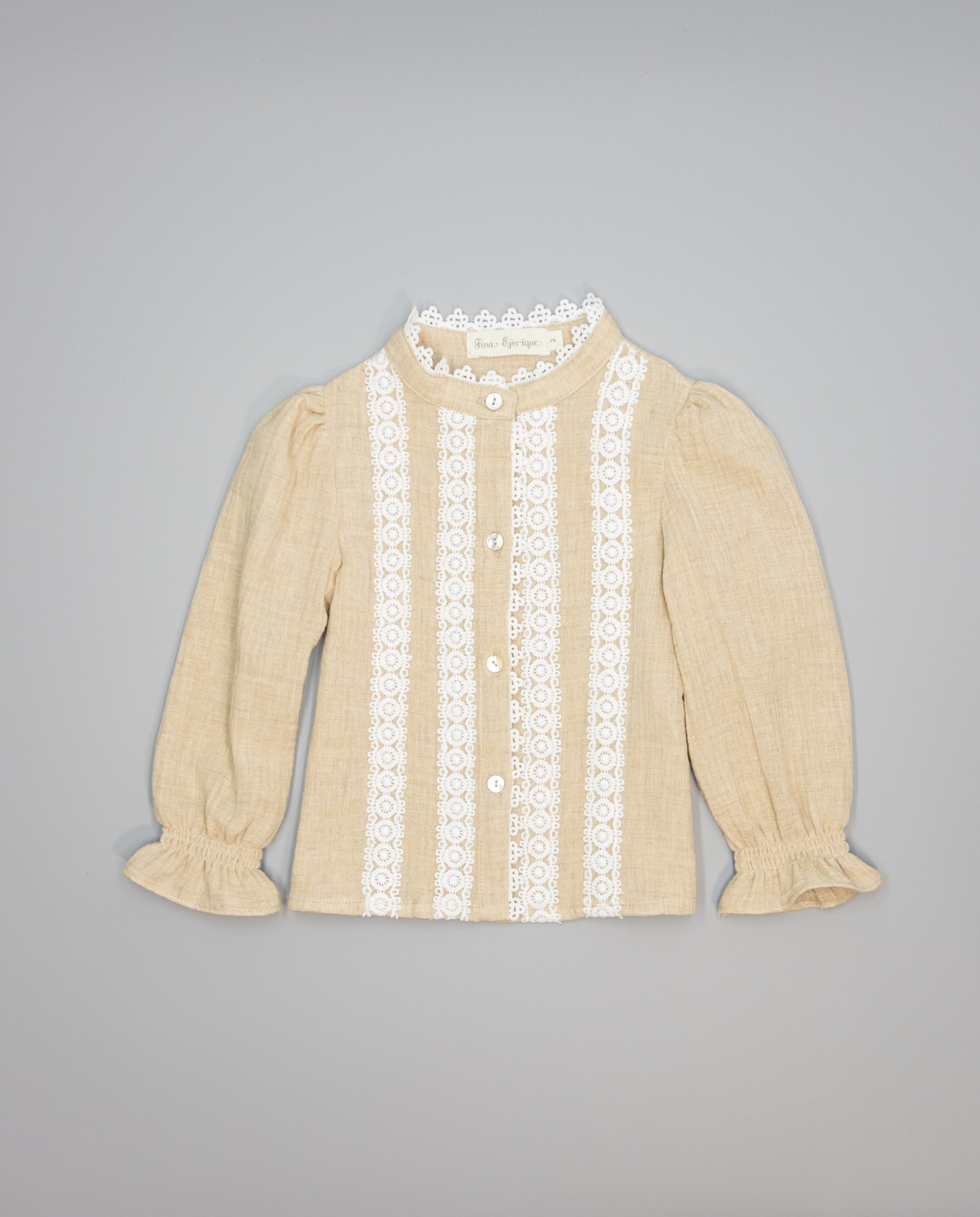 Camisa Bege de Algodão com Guipura e Entredoses Camel-2