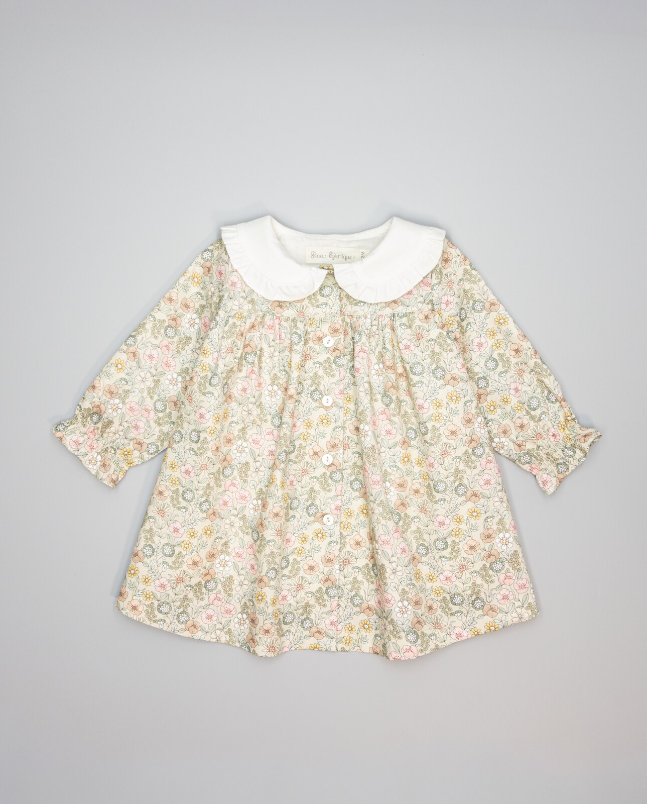 Vestido Bege de Viella Floral com Botões na Parte Frontal com Gola em Branco e Pala Torrado-2