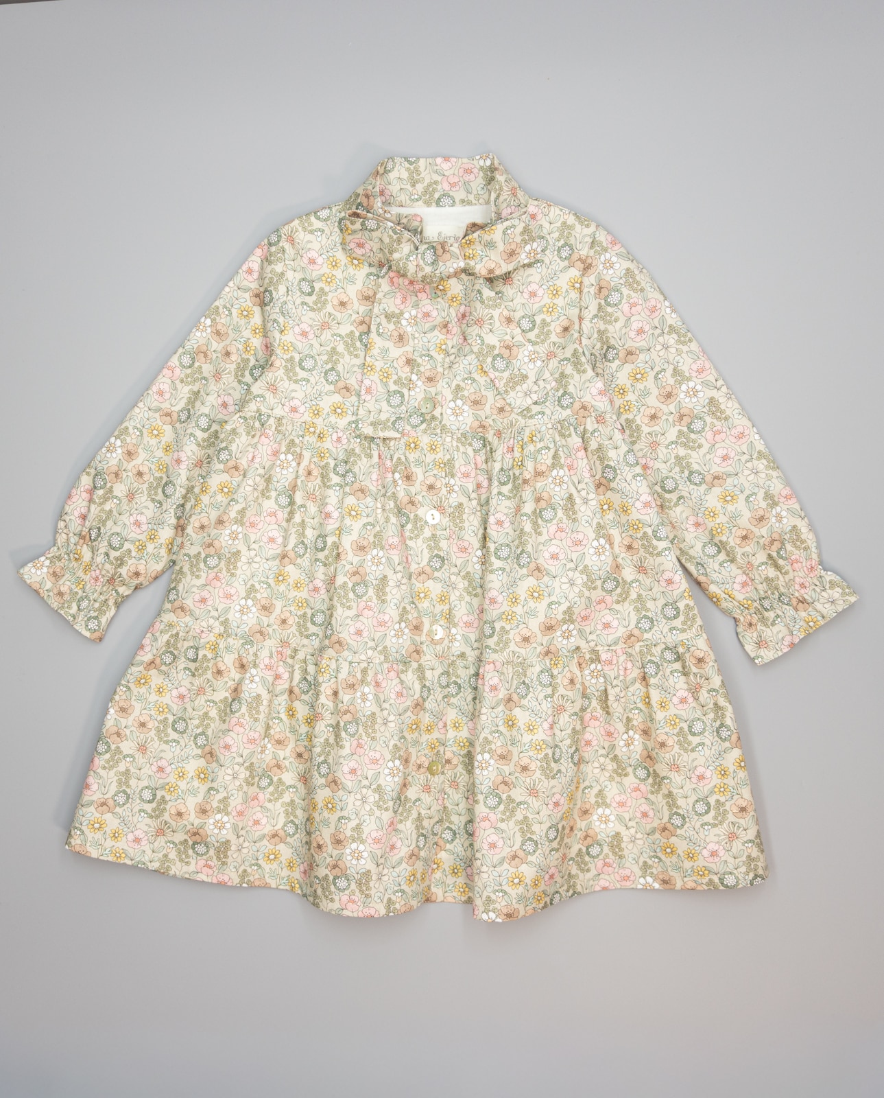 Imagem 0 de Vestido Bege de Viella Floral com Folhos e Laçada na Gola