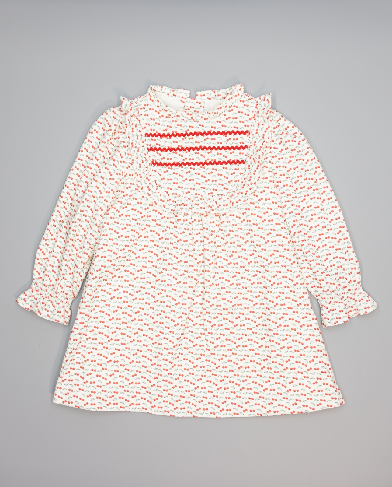 Imagem 0 de Vestido de Microbombazina de Cerejas com Ondulina e Folho na Gola