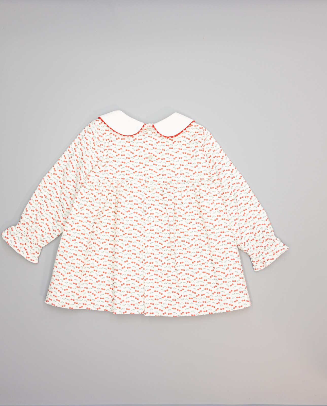Vestido de Microbombazina de Cerejas com Gola de Pikunela e Laço Grosgrain Branco-2