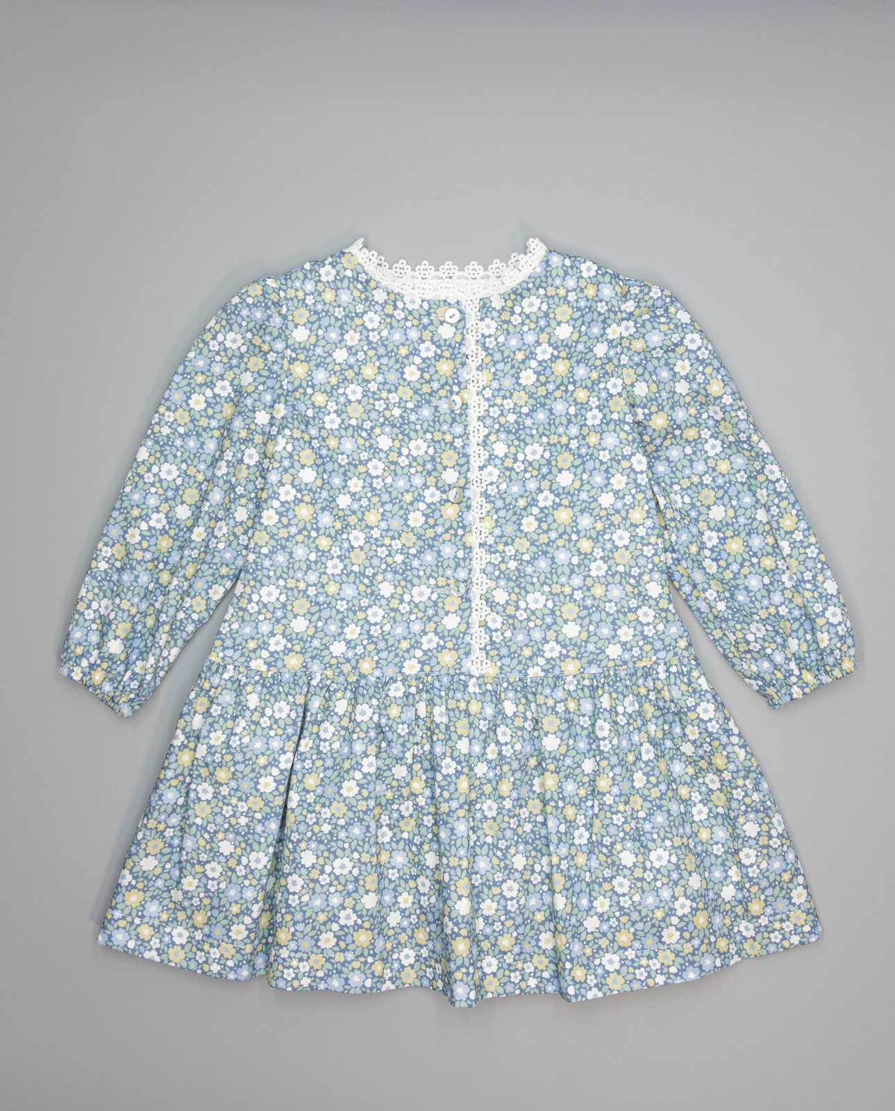 Imagem 0 de Vestido Azul de Viella Floral com Guipura no Decote e Parte Frontal