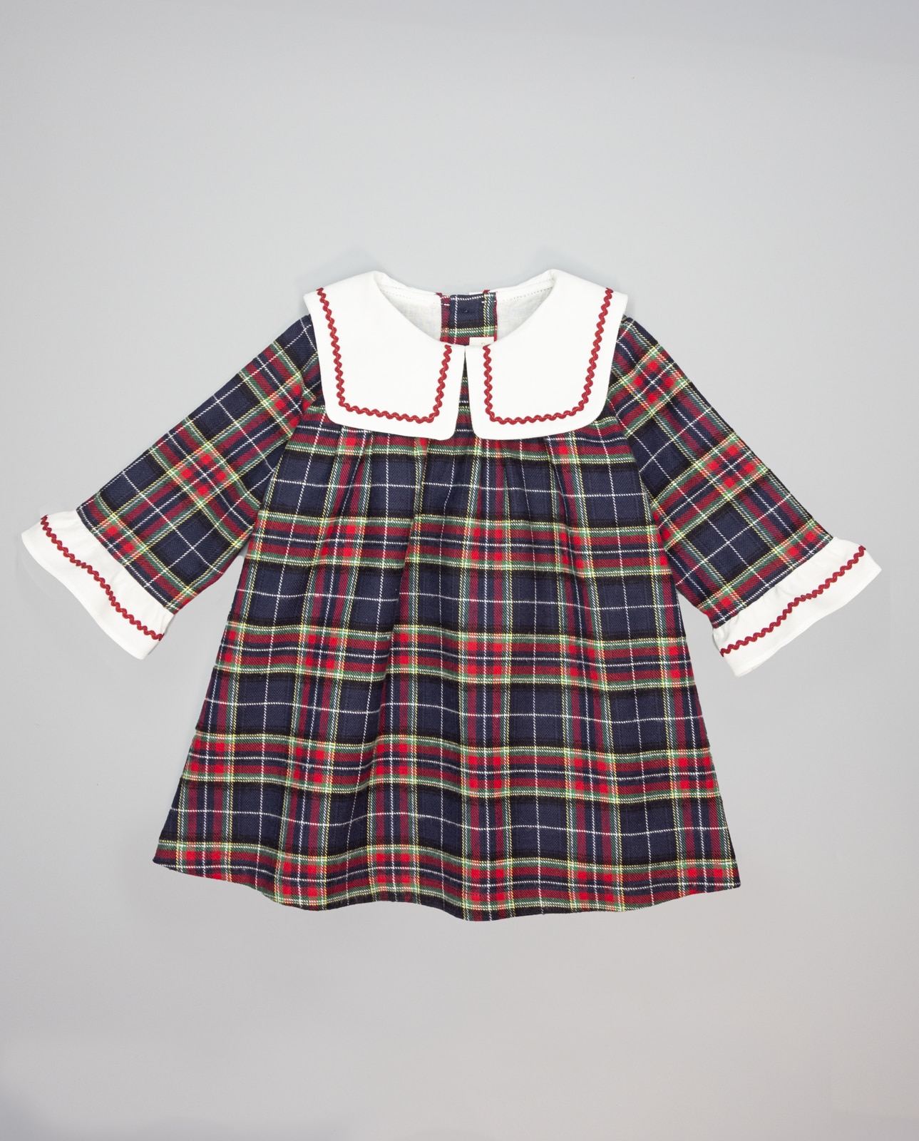 Vestido Aos Quadrados Escoceses em Bordeaux e Marinho, Gola Marinheiro em Branco Marinho-2