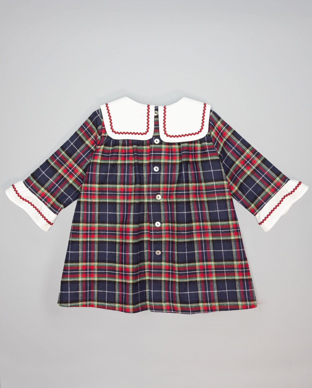 Vestido Aos Quadrados Escoceses em Bordeaux e Marinho, Gola Marinheiro em Branco Marinho-3