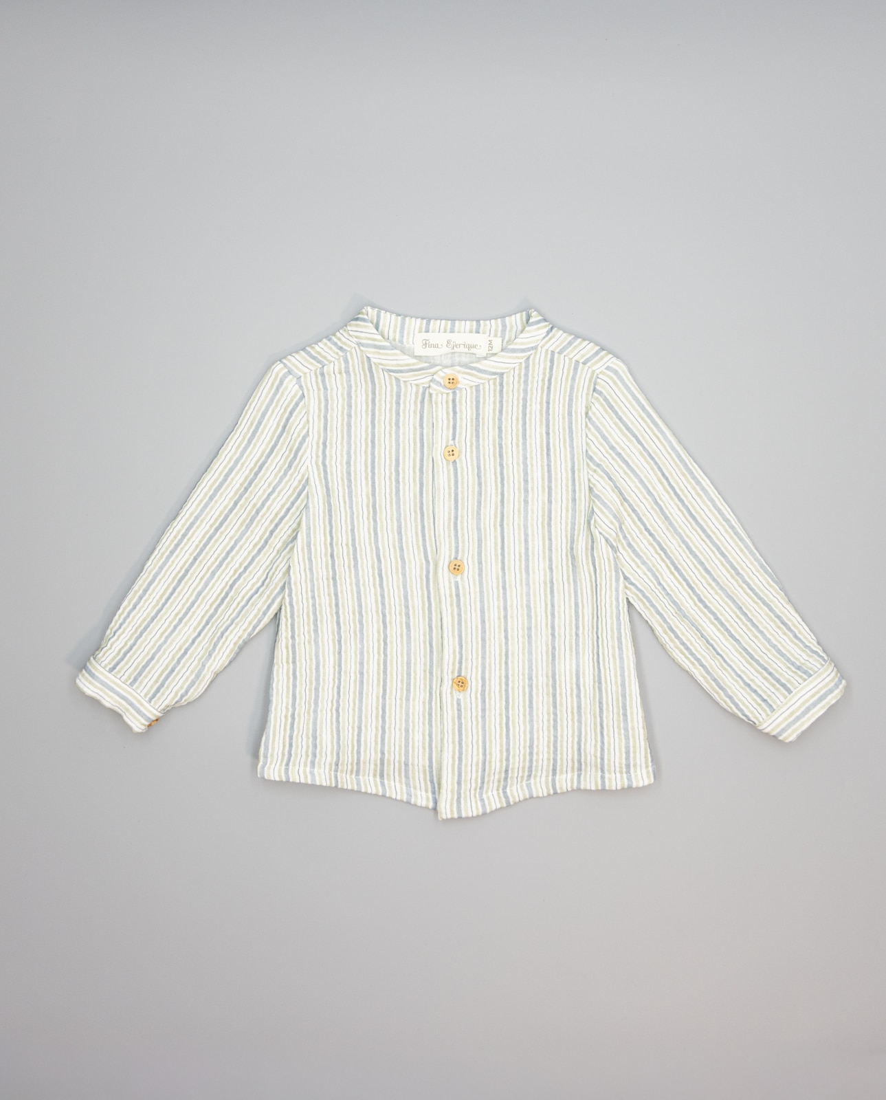 Camisa Infantil de Gase de Tecido Duplo Às Riscas em Azul e Topo com Gola À Padre Azul-2
