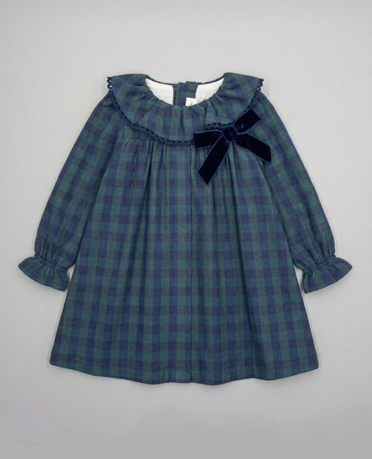 Imagem 0 de Vestido para Bebé Aos Quadrados com Gola Folho, Renda e Laço Veludo