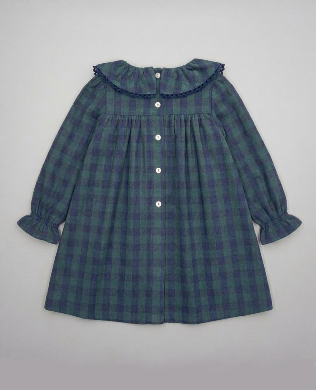 Vestido para Bebé Aos Quadrados com Gola Folho, Renda e Laço Veludo Multicolor-2