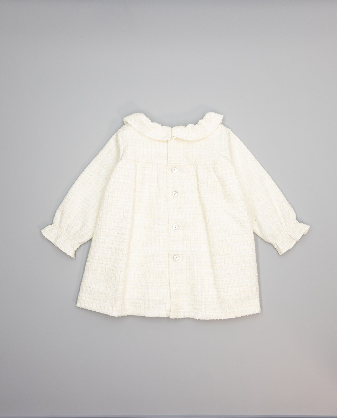 Vestido Bege de Tweed com Laço Rosa de Grosgrain e Bolsos Cru-2