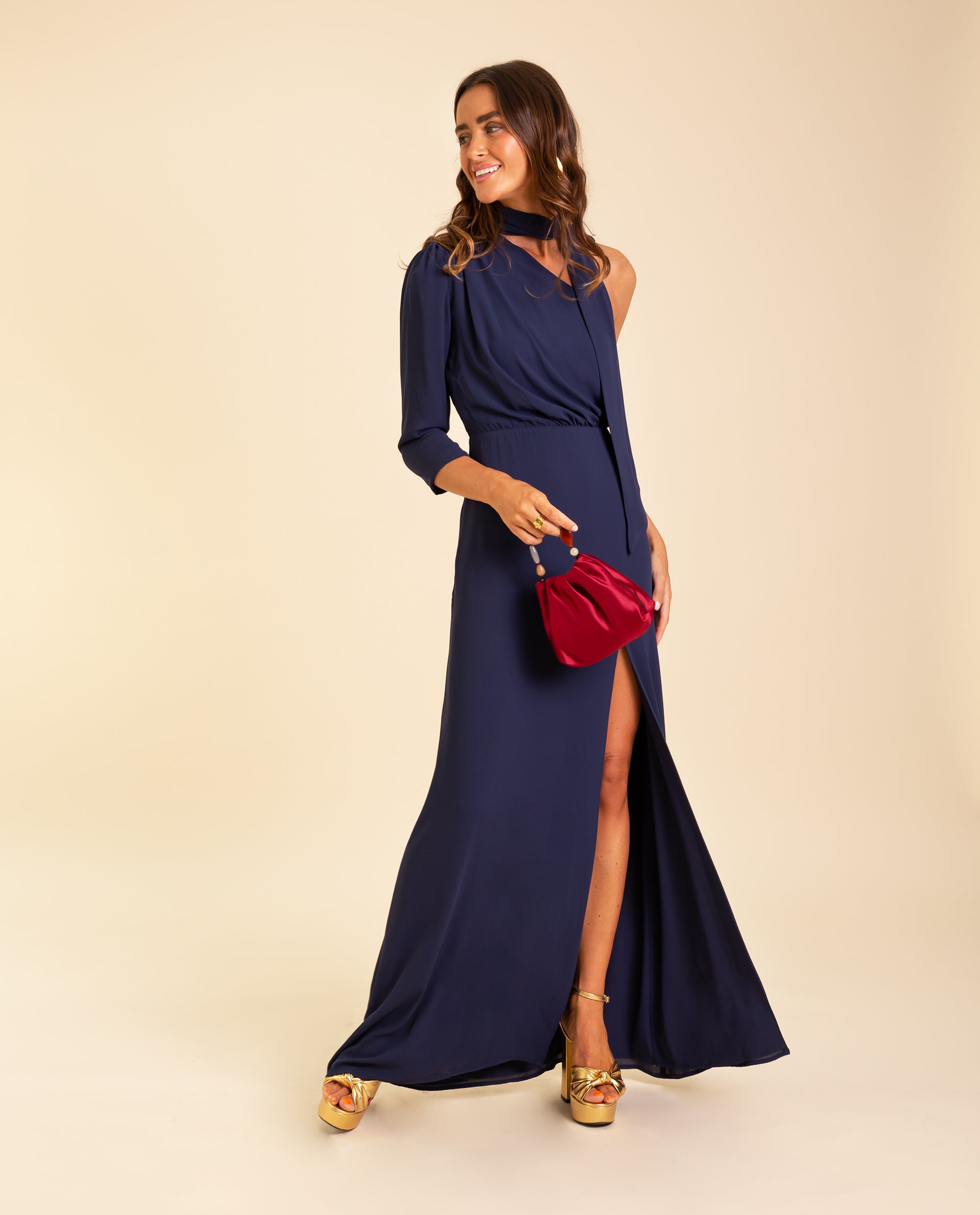 Vestido Comprido Assimétrico com Abertura Azul-marinho-2
