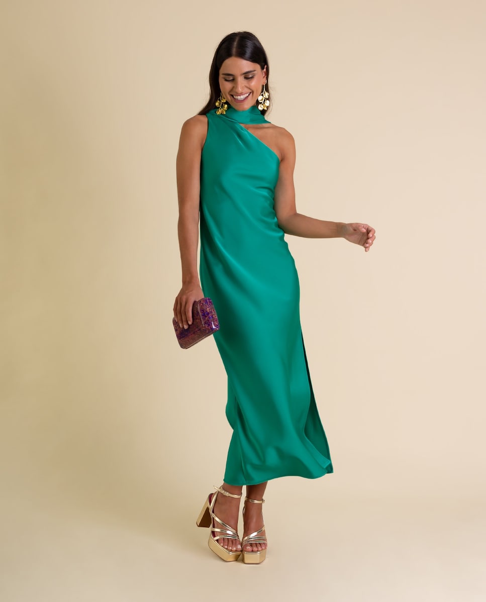 Vestido Midi Assimétrico com Laçada Verde-1