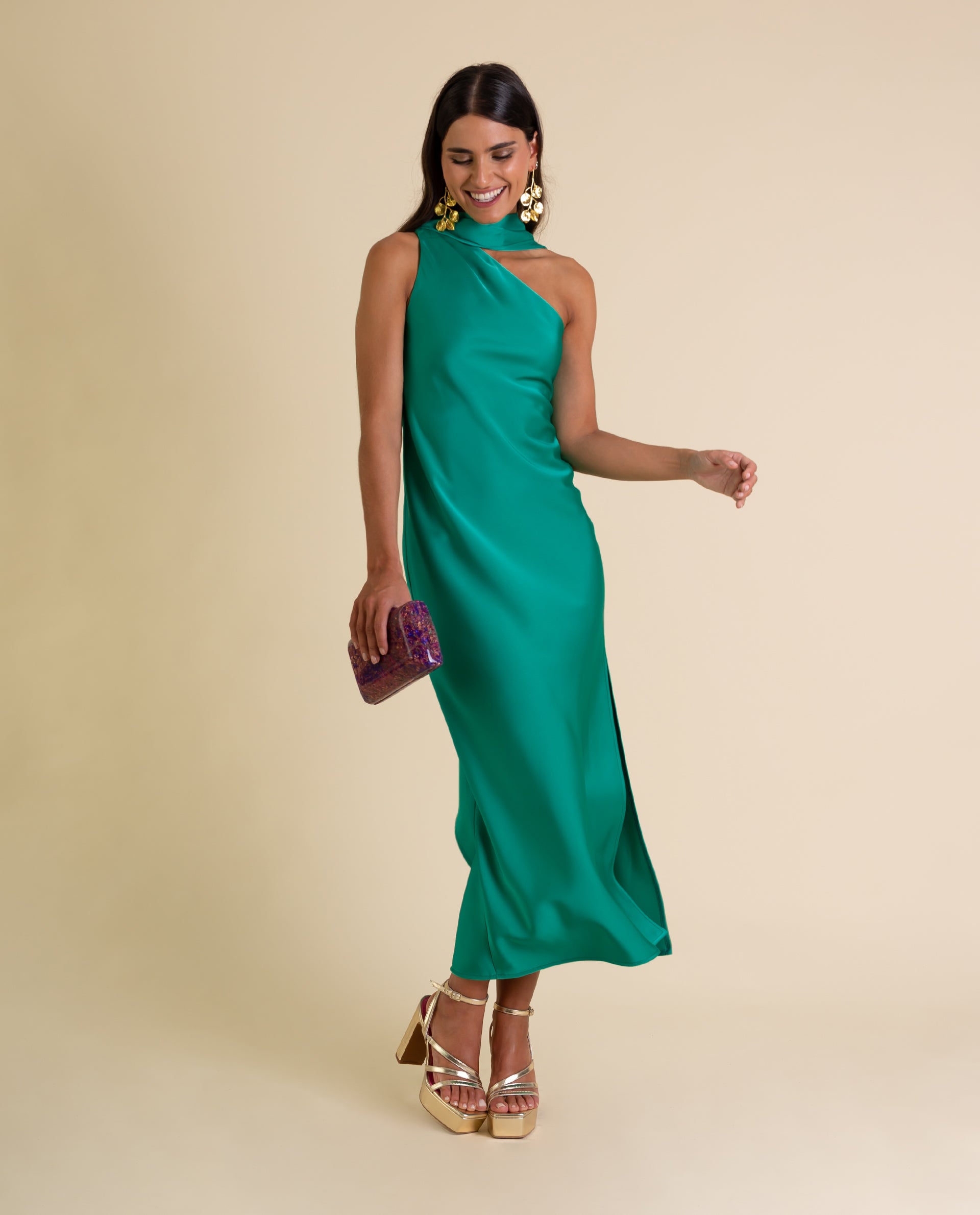 Vestido Midi Assimétrico com Laçada Verde-2