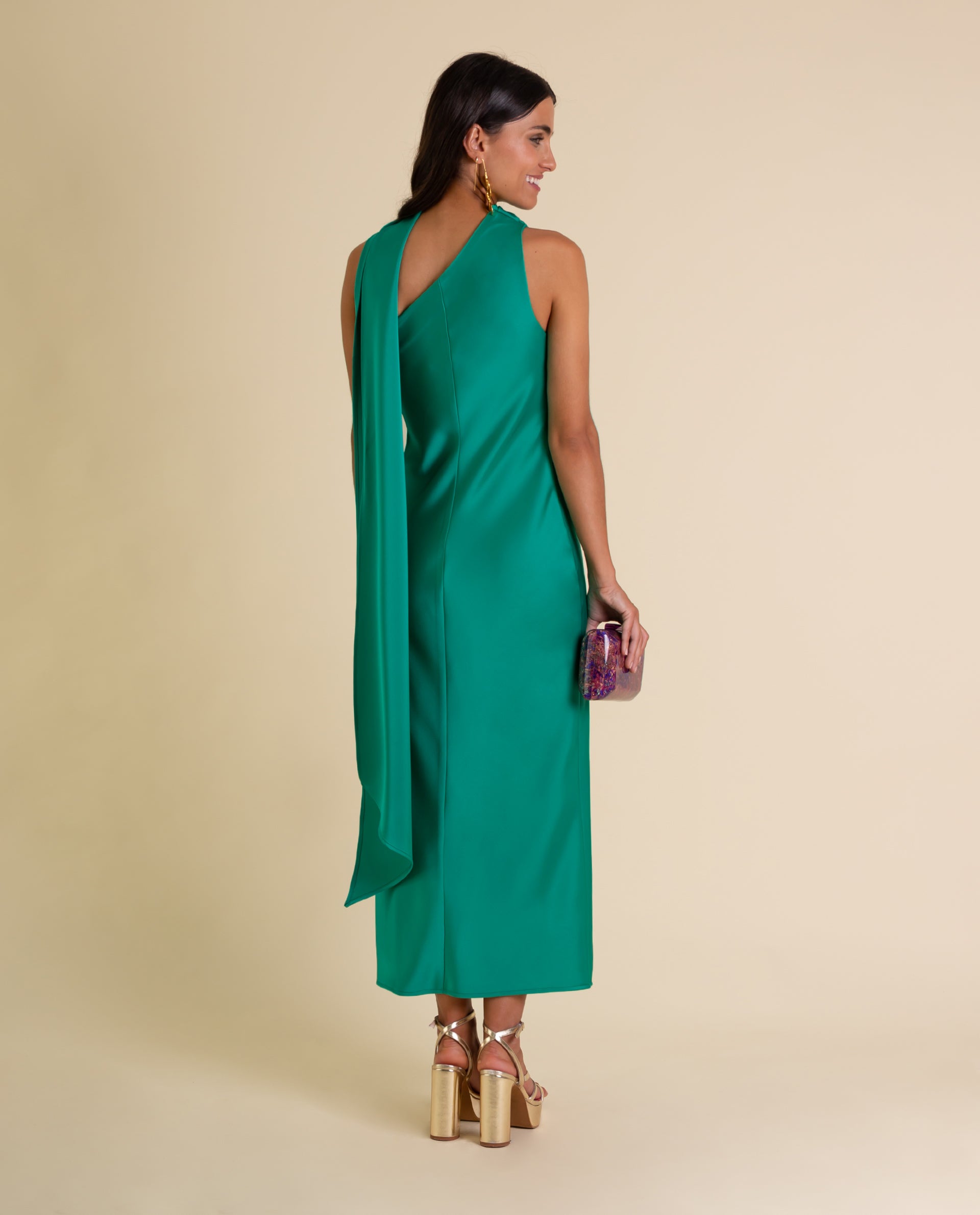 Vestido Midi Assimétrico com Laçada Verde-3