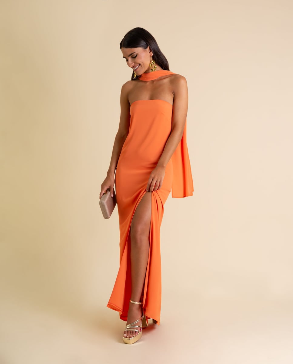 Vestido Palavra de Honra com Écharpe Laranja-1
