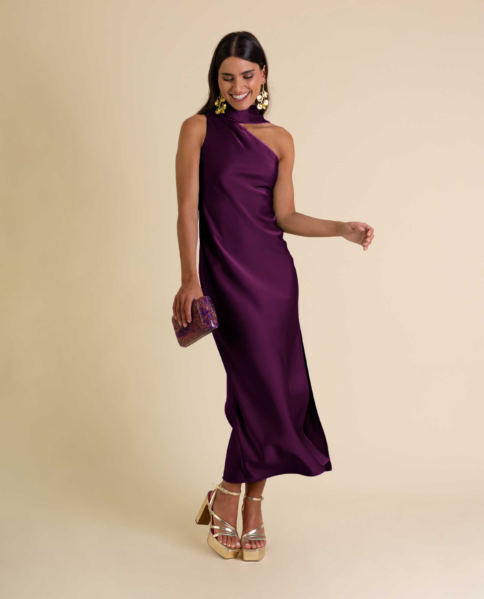 Vestido Midi Acetinado com Decote Assimétrico e Laçada Roxo-2