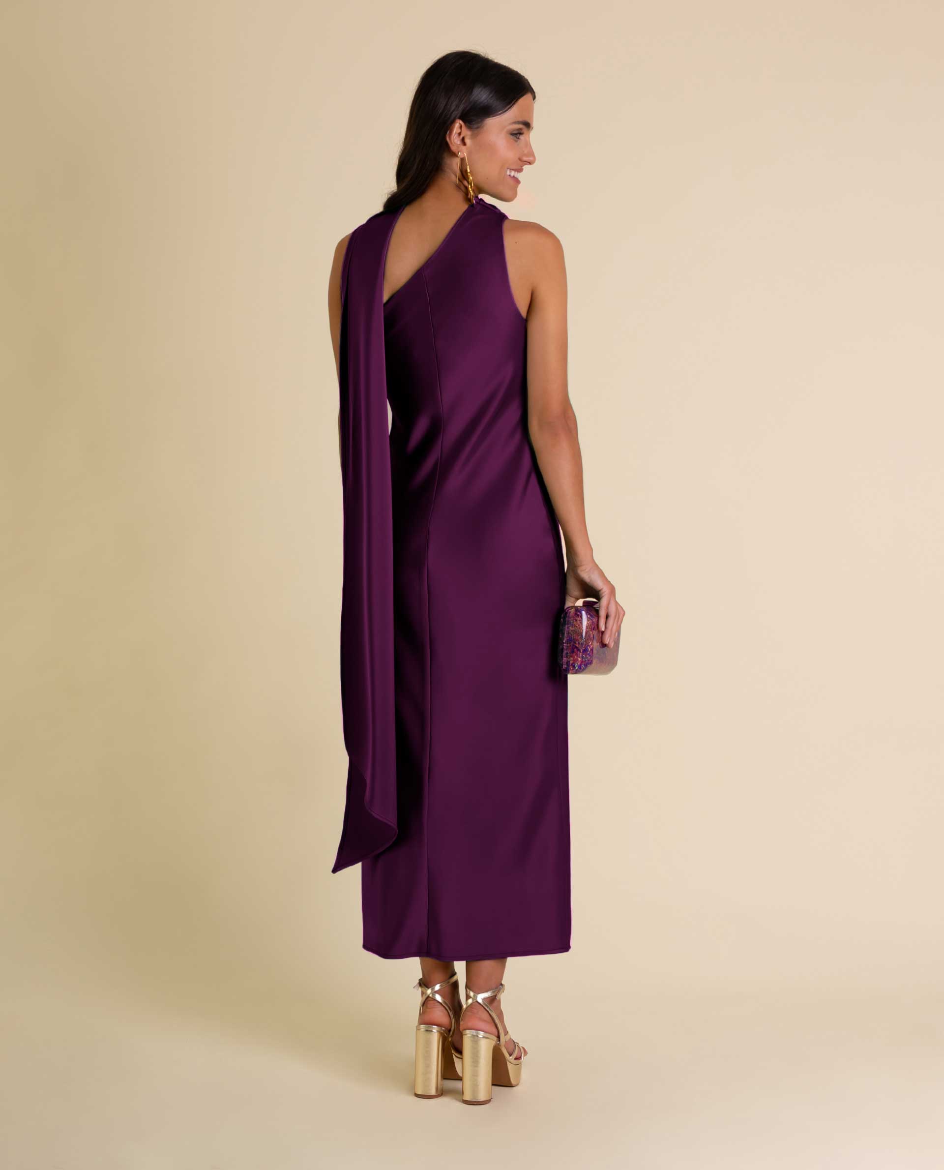 Vestido Midi Acetinado com Decote Assimétrico e Laçada Roxo-3