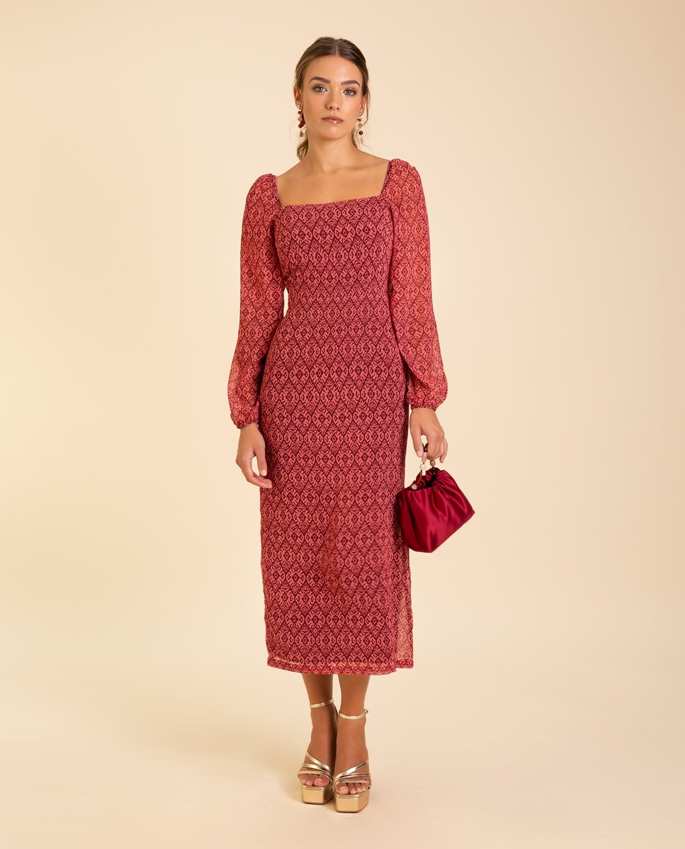 Vestido Midi com Manga Comprida Rosa-2