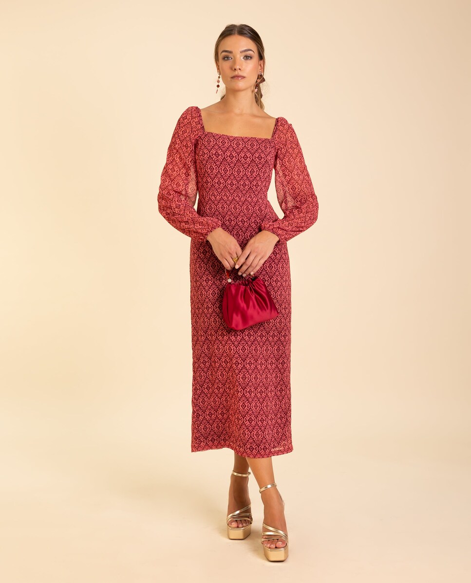 Vestido Midi com Manga Comprida Rosa-1