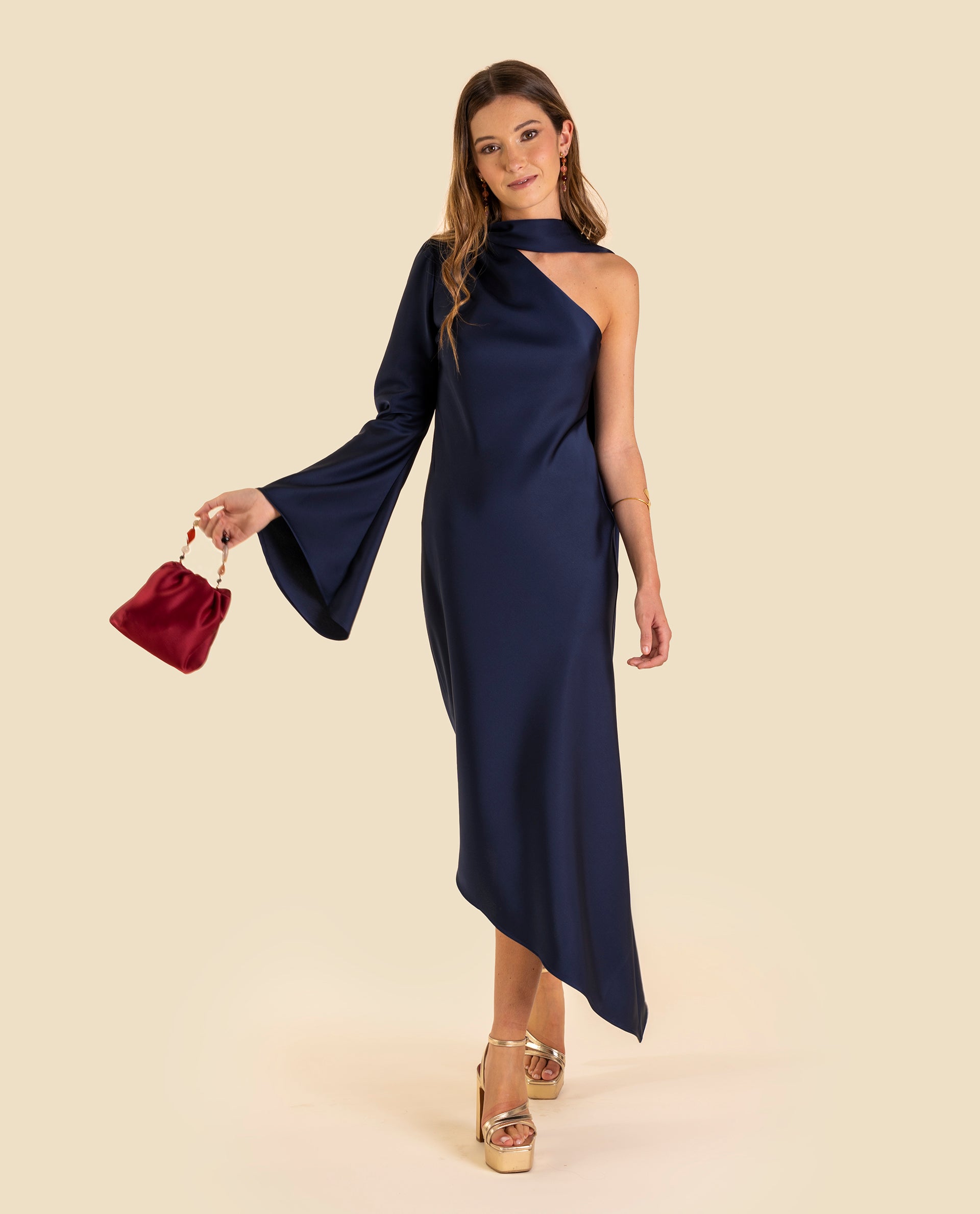 Vestido Midi Acetinado de Corte Assimétrico Azul-escuro-1