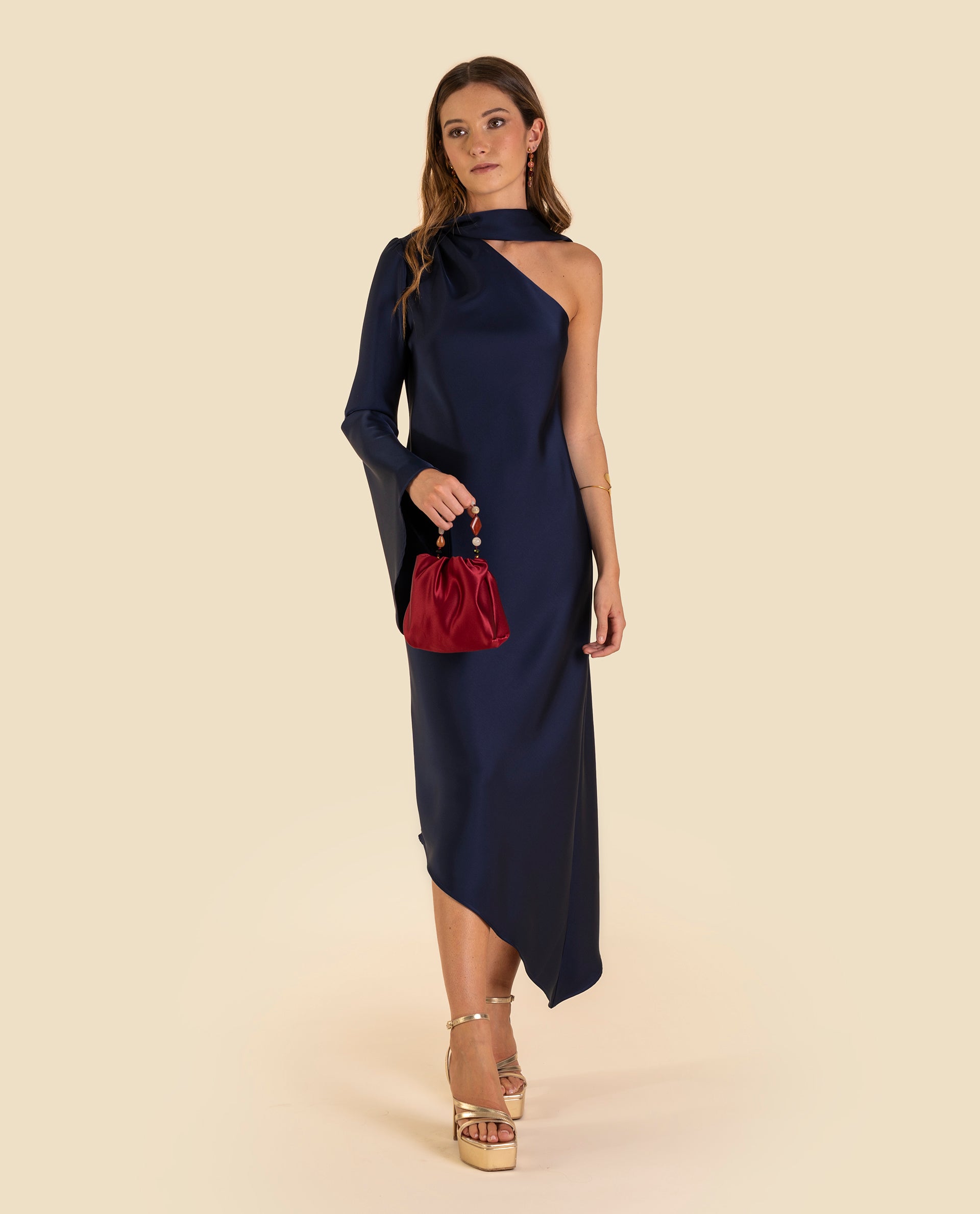 Vestido Midi Acetinado de Corte Assimétrico Azul-escuro-2