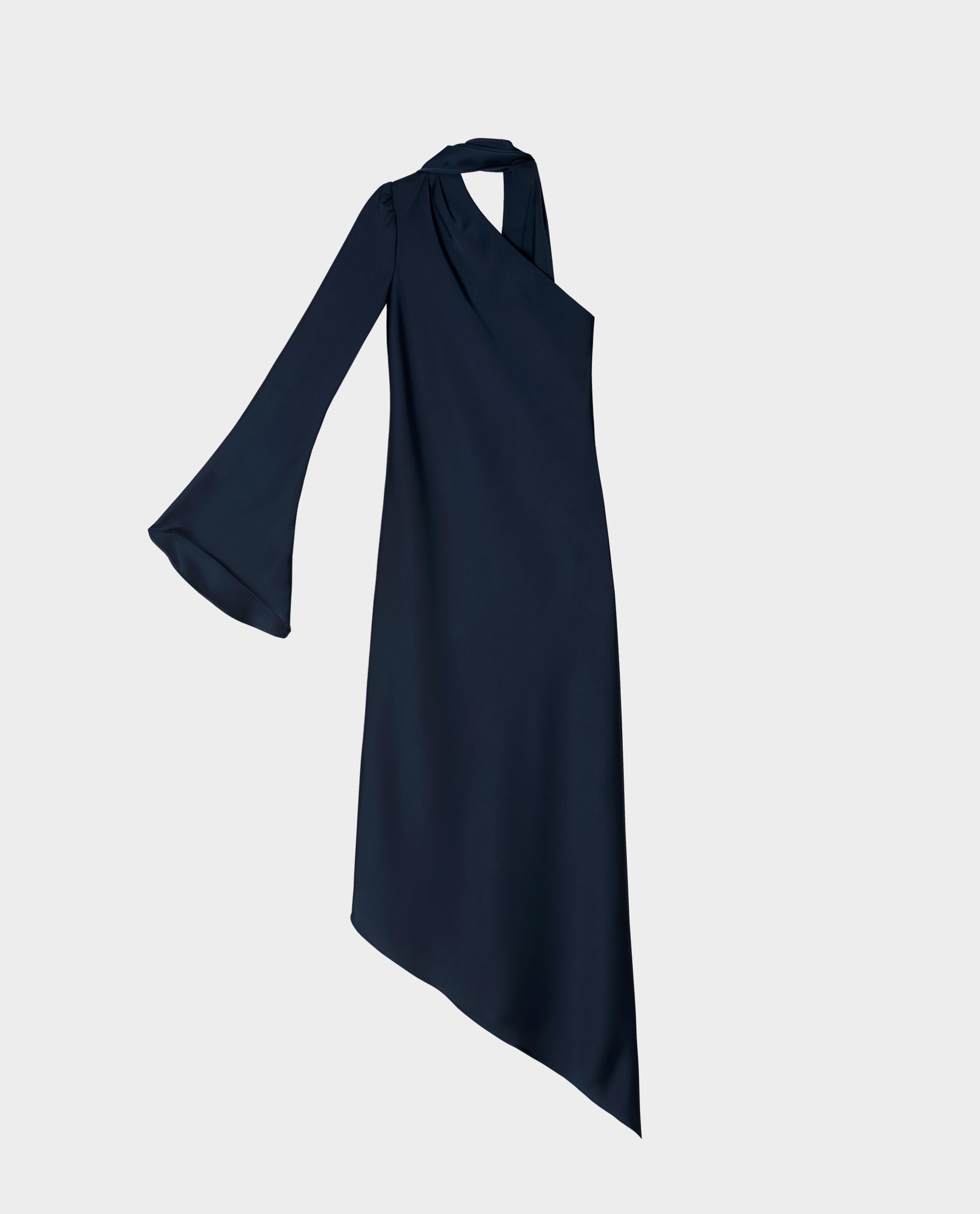 Vestido Midi Acetinado de Corte Assimétrico Azul-escuro-5