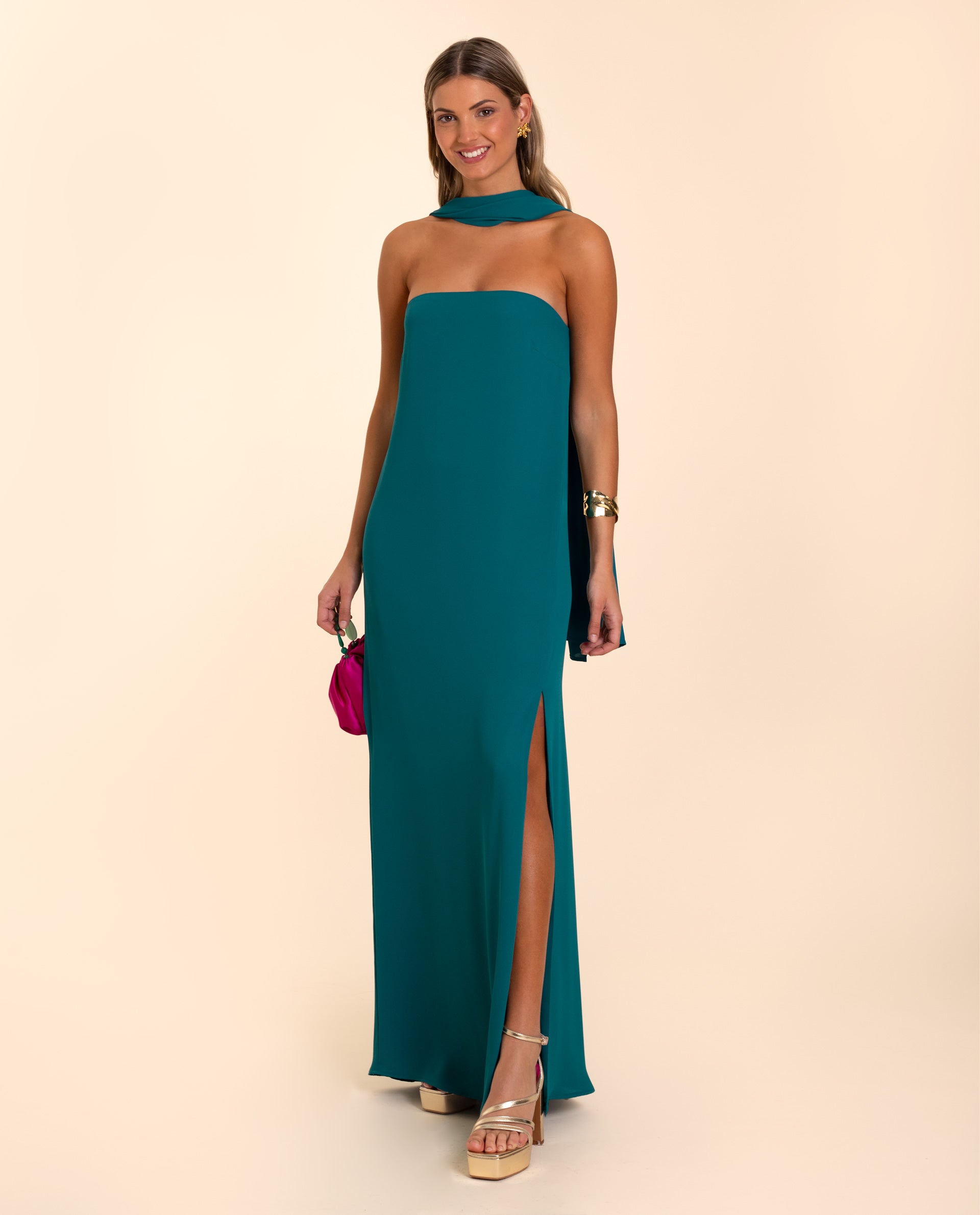 Vestido Comprido Cai-cai com Écharpe Azul-oceano-1