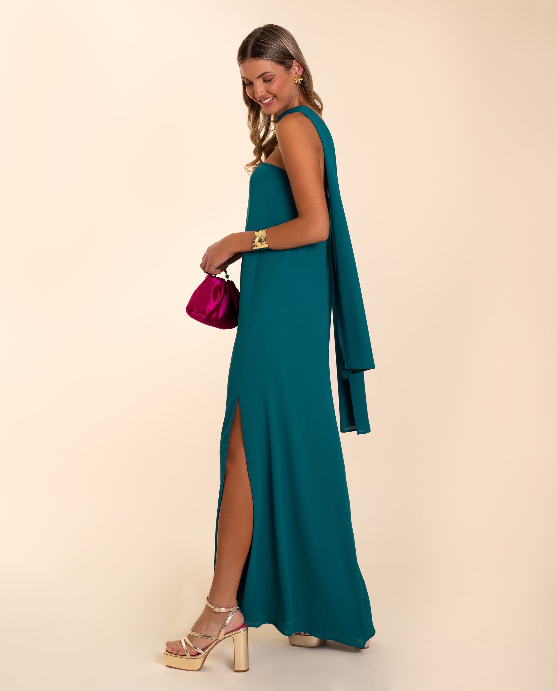 Vestido Comprido Cai-cai com Écharpe Azul-oceano-3