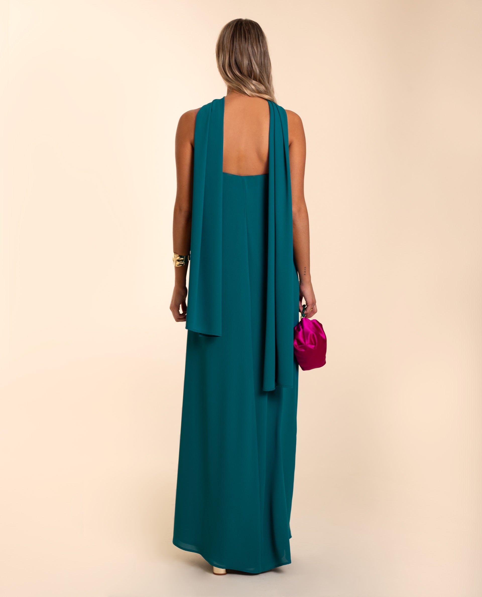 Vestido Comprido Cai-cai com Écharpe Azul-oceano-4