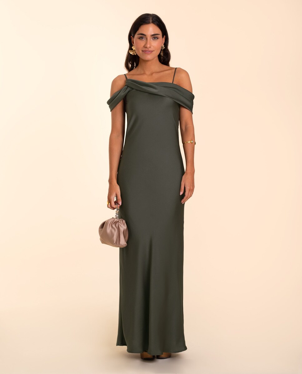 Vestido Comprido com Decote Drapeado Verde-escuro-1