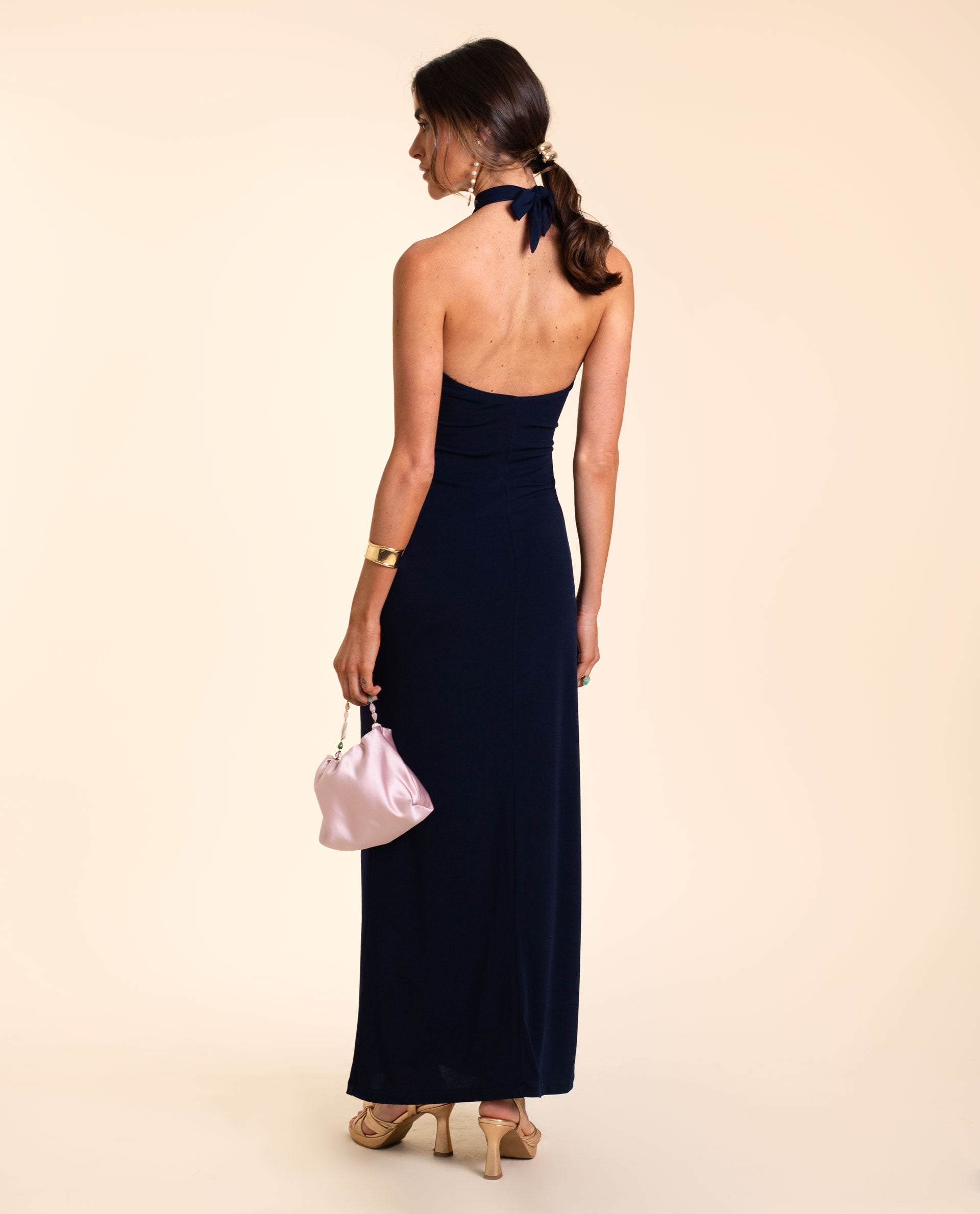 Vestido Midi Halter com Drapeado Azul-marinho-4