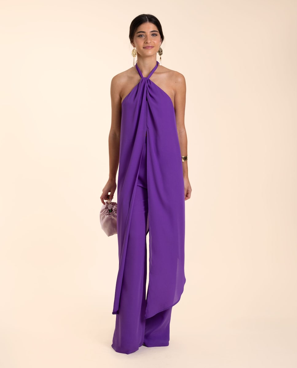 Calças à Boca de Sino Forradas com Cintura Elástica Roxo-1