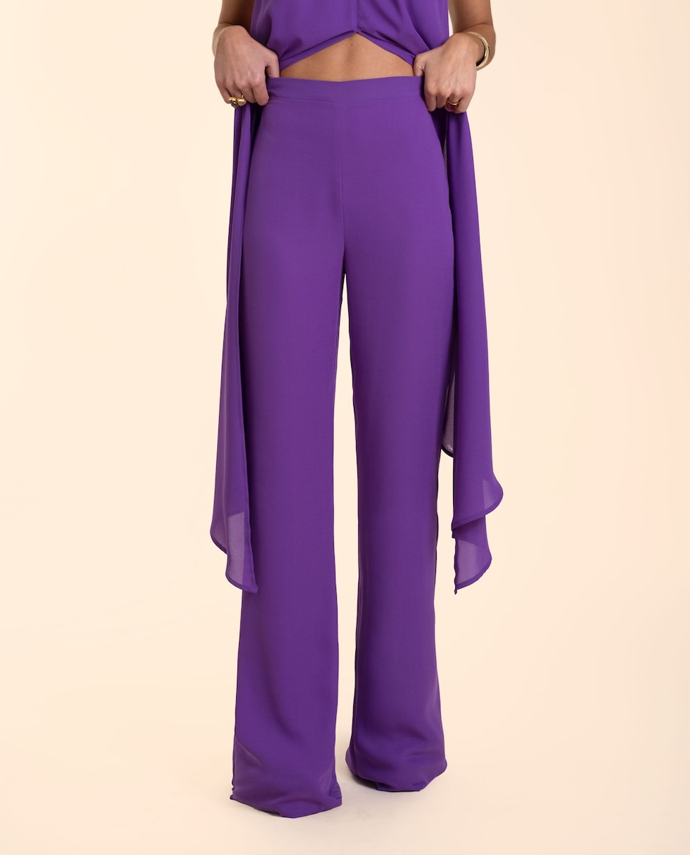 Calças à Boca de Sino Forradas com Cintura Elástica Roxo-3