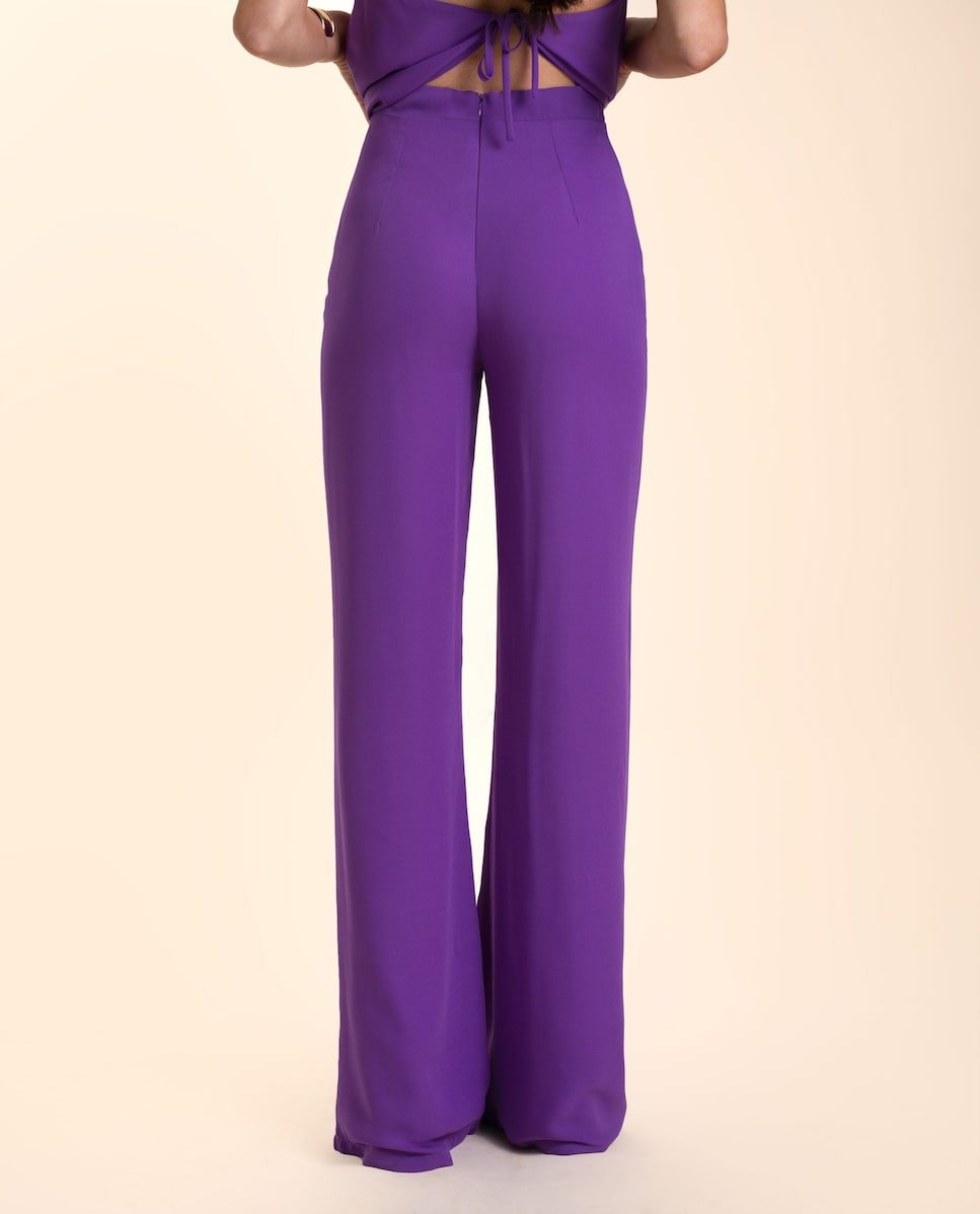 Calças à Boca de Sino Forradas com Cintura Elástica Roxo-4
