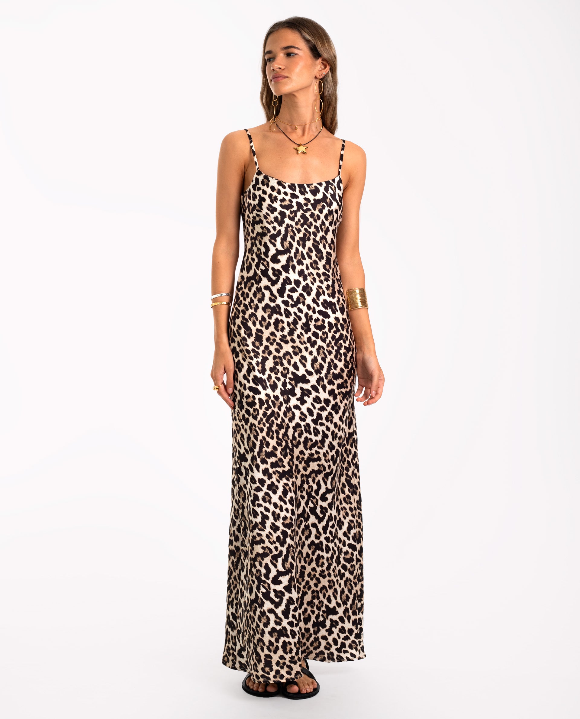 Vestido Comprido Interior com Estampado de Leopardo Preto-1